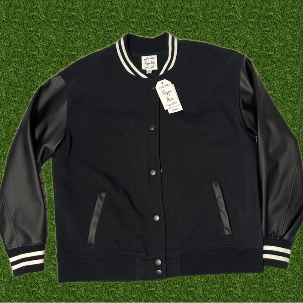 Hippie Rose Black Bomber Jacket with Leather Sleeves